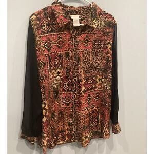 Soft Surroundings Womens Button Up Shirt L Large Orange Animal Print Patchwork